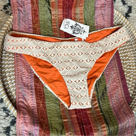 NWT Becca Crochet Lace Cream Orange Hipster Bikini Bottom size Large - Picture 2 of 5